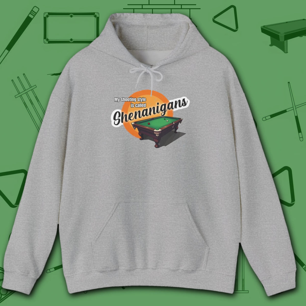 Shenanigans Style Pool Hoodie, in Sport Grey color, billiards hoodie, front view