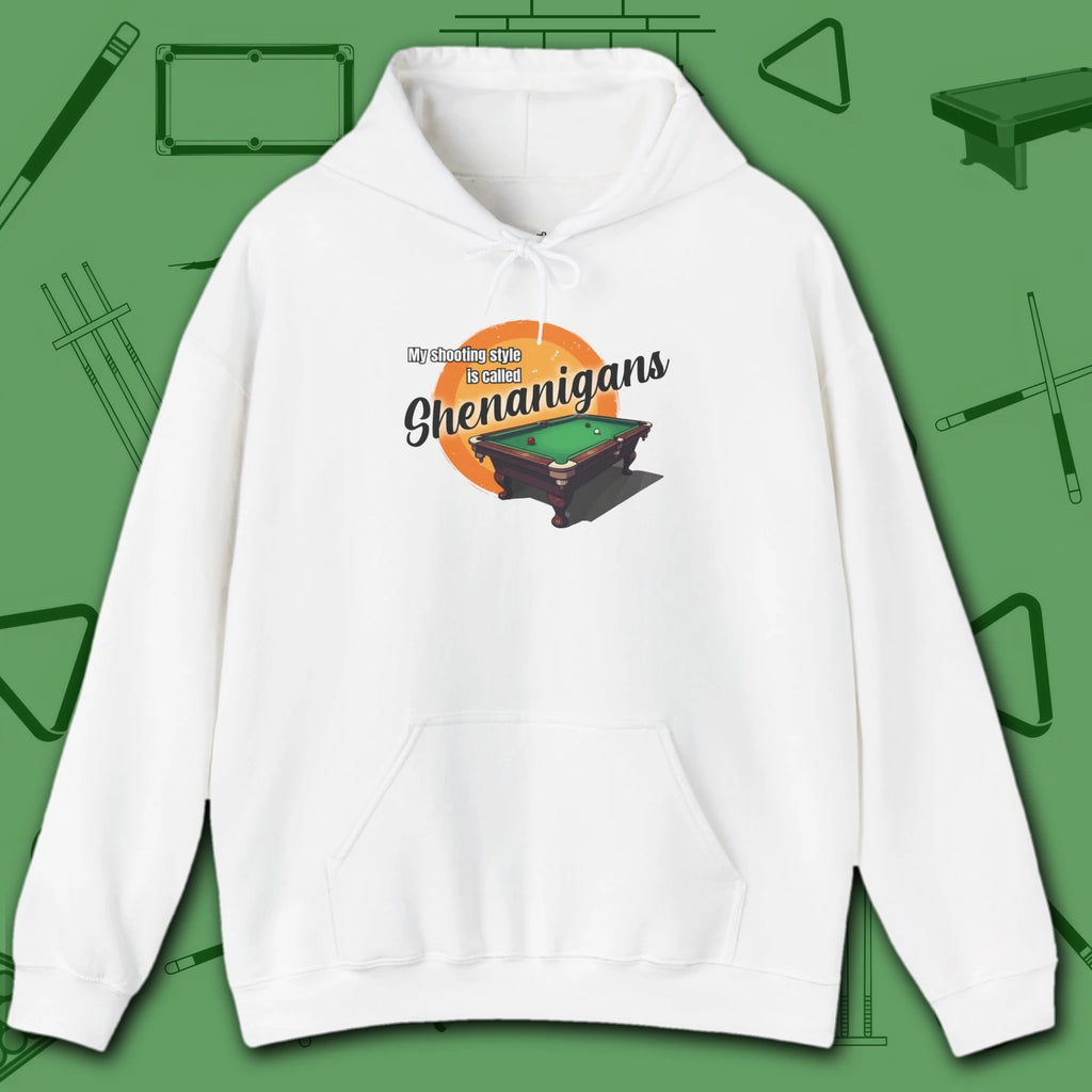 Shenanigans Style Pool Hoodie, in White color, billiards hoodie, front view