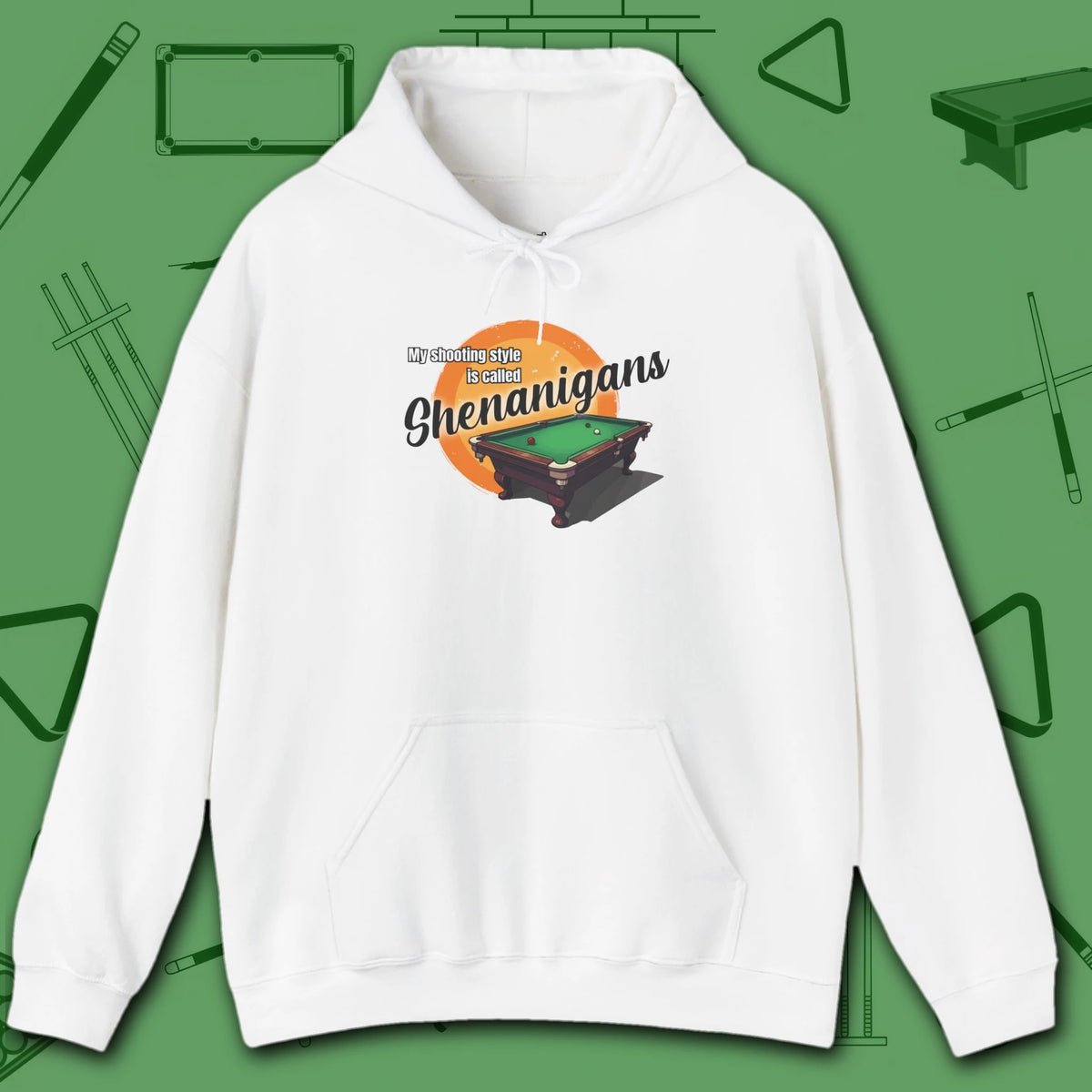 Shenanigans Style Pool Hoodie, in White color, billiards hoodie, front view