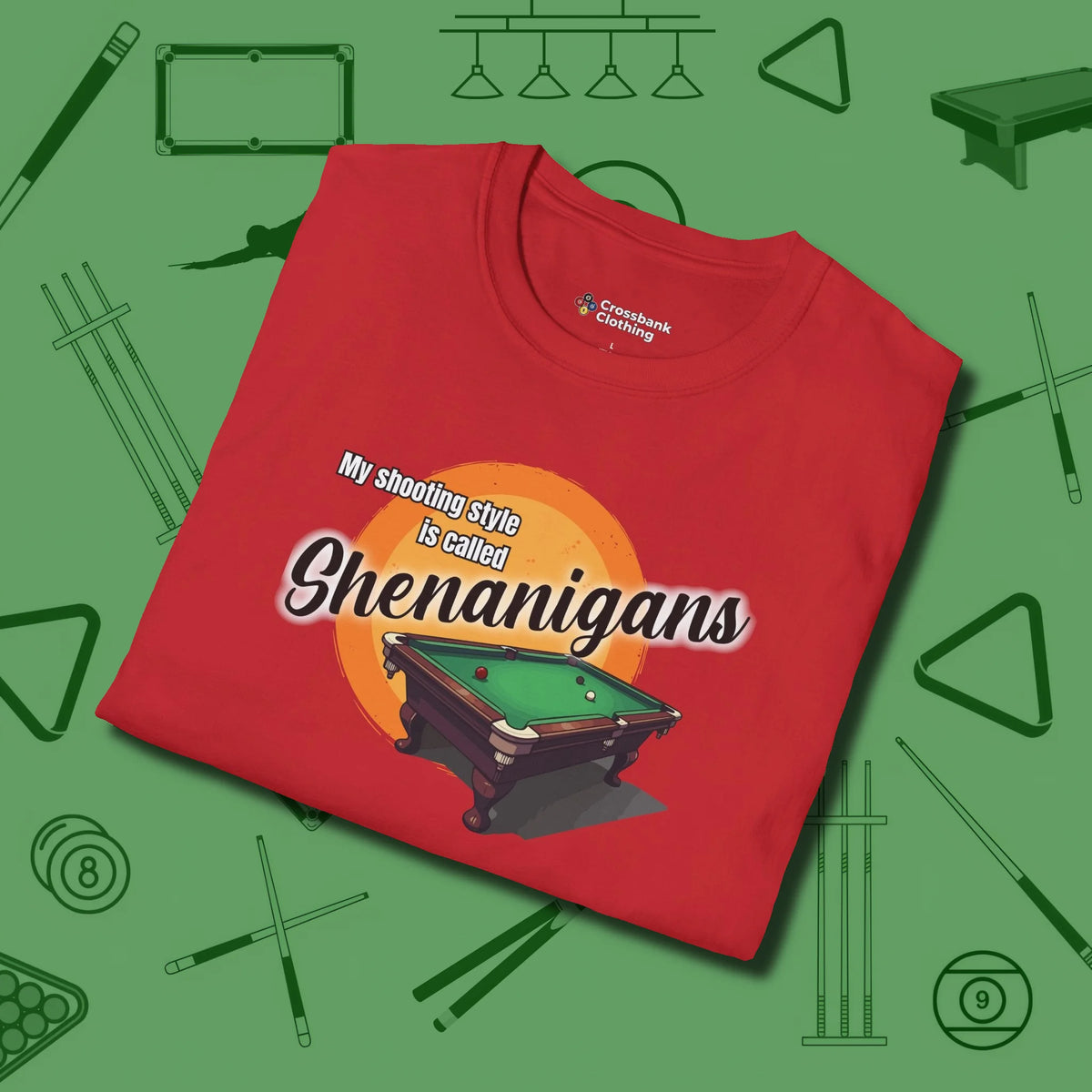 Shenanigans Style T-Shirt, folded view, in Red put your best game on display
