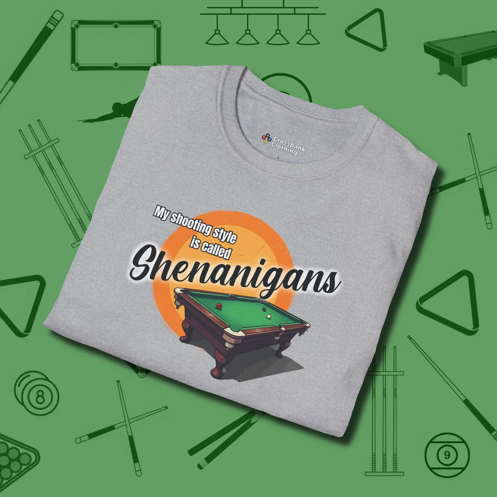Shenanigans Style T-Shirt, folded view, in Sport Grey for hustlers who keep it honest