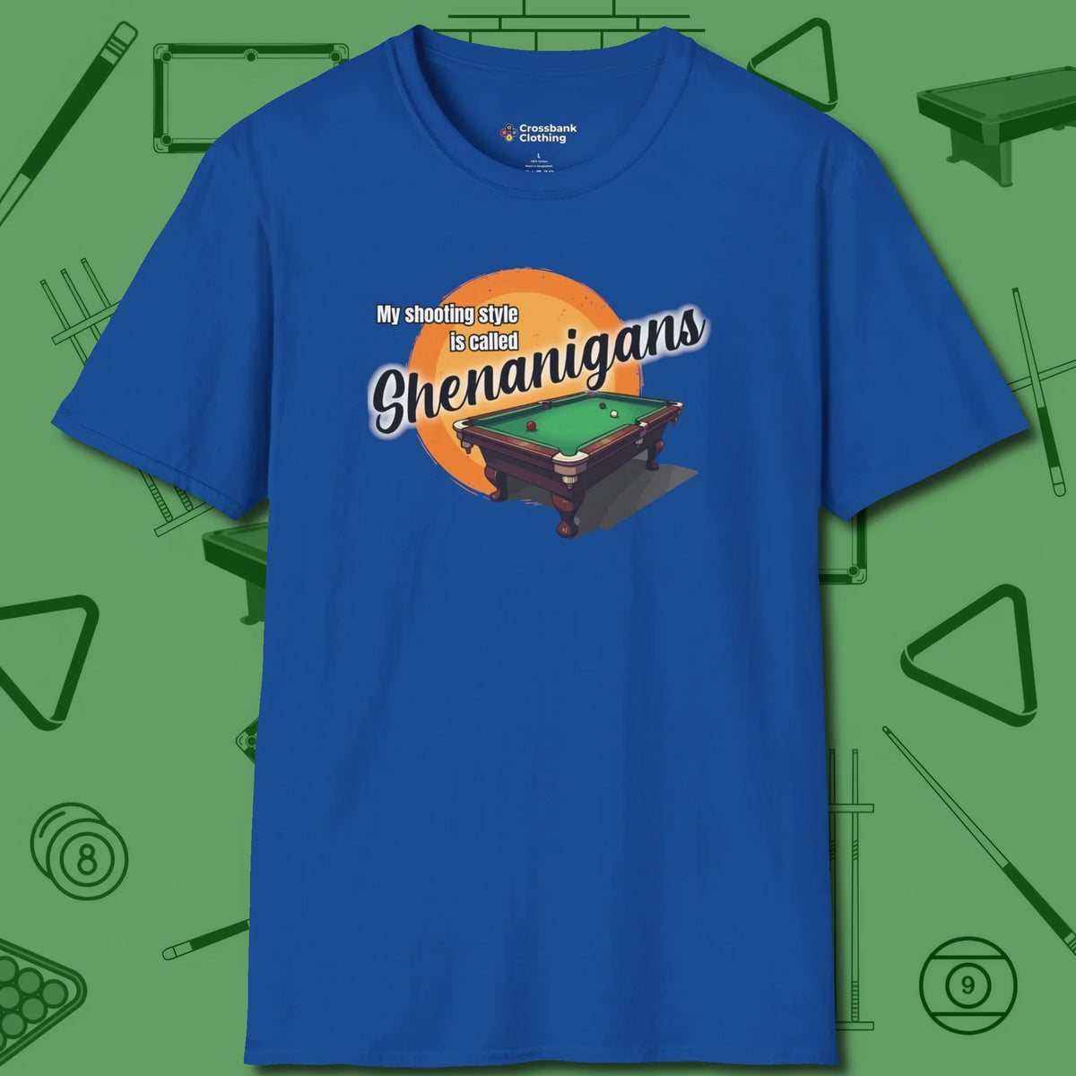 Shenanigans Style T-Shirt, front view, in Royal what champions wear between racks