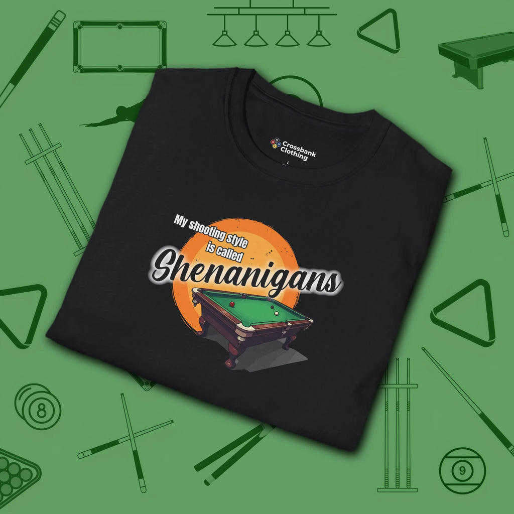 Shenanigans Style Pool T-Shirt, in Black color, billiards shirt, folded view
