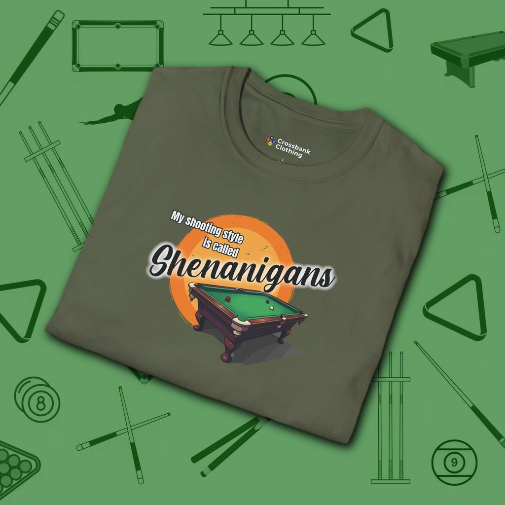 Shenanigans Style Pool T-Shirt, in Military Green color, billiards shirt, folded view