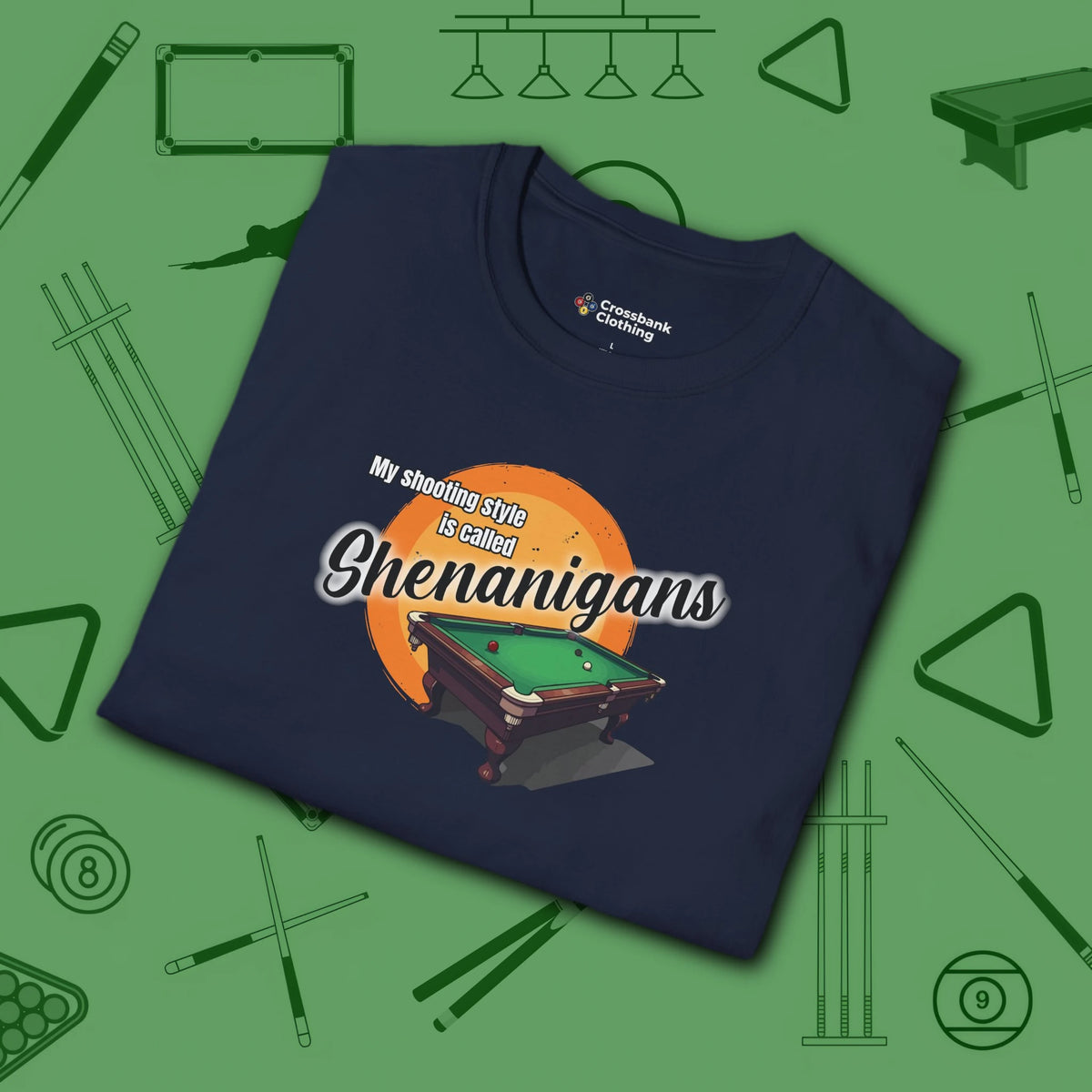 Shenanigans Style Pool T-Shirt, in Navy color, billiards shirt, folded view