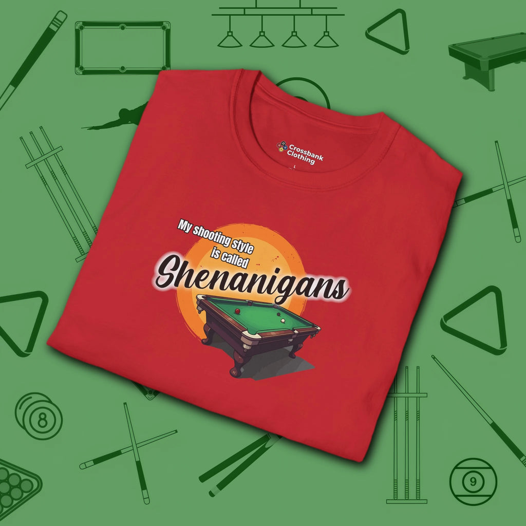 Shenanigans Style Pool T-Shirt, in Red color, billiards shirt, folded view
