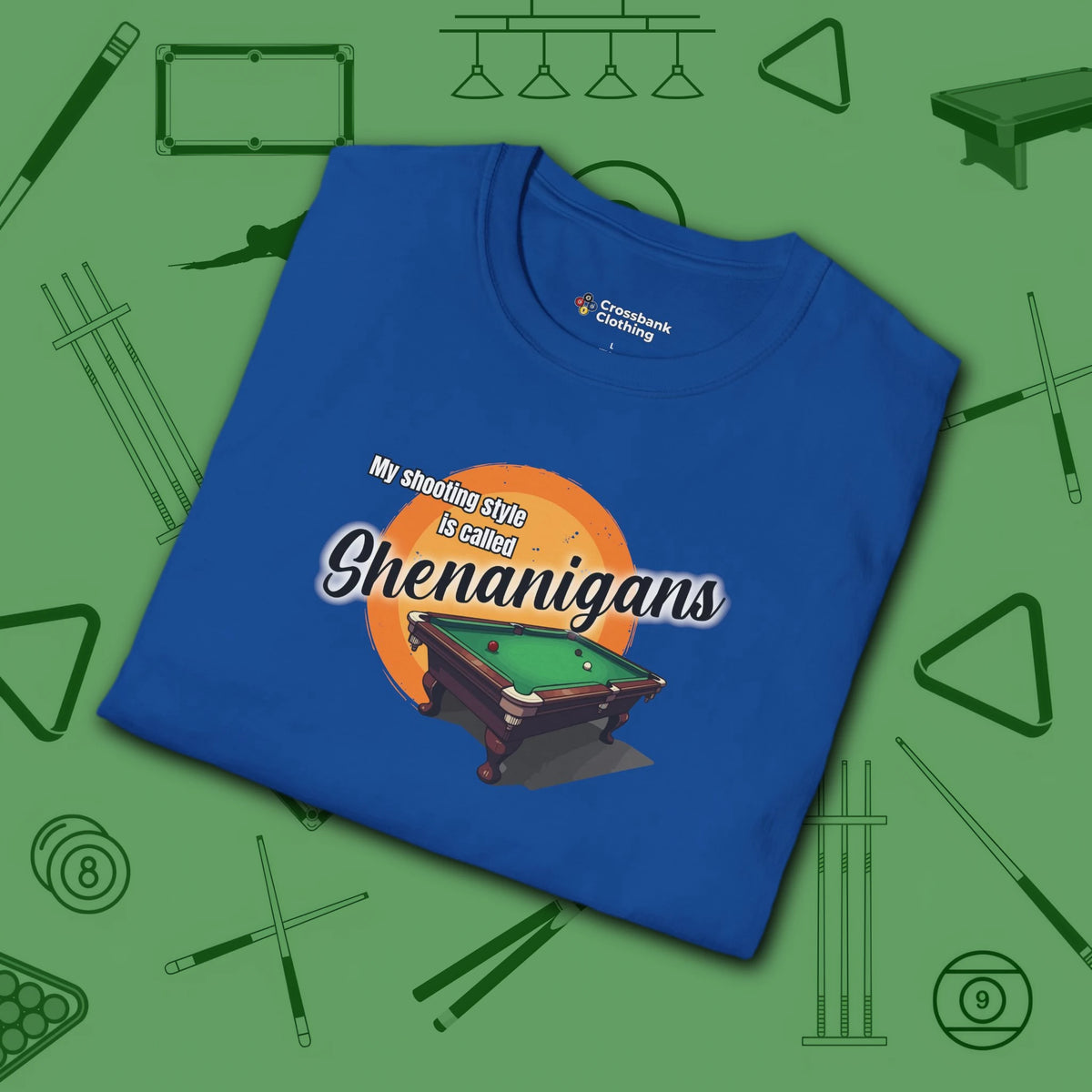 Shenanigans Style Pool T-Shirt, in Royal color, billiards shirt, folded view