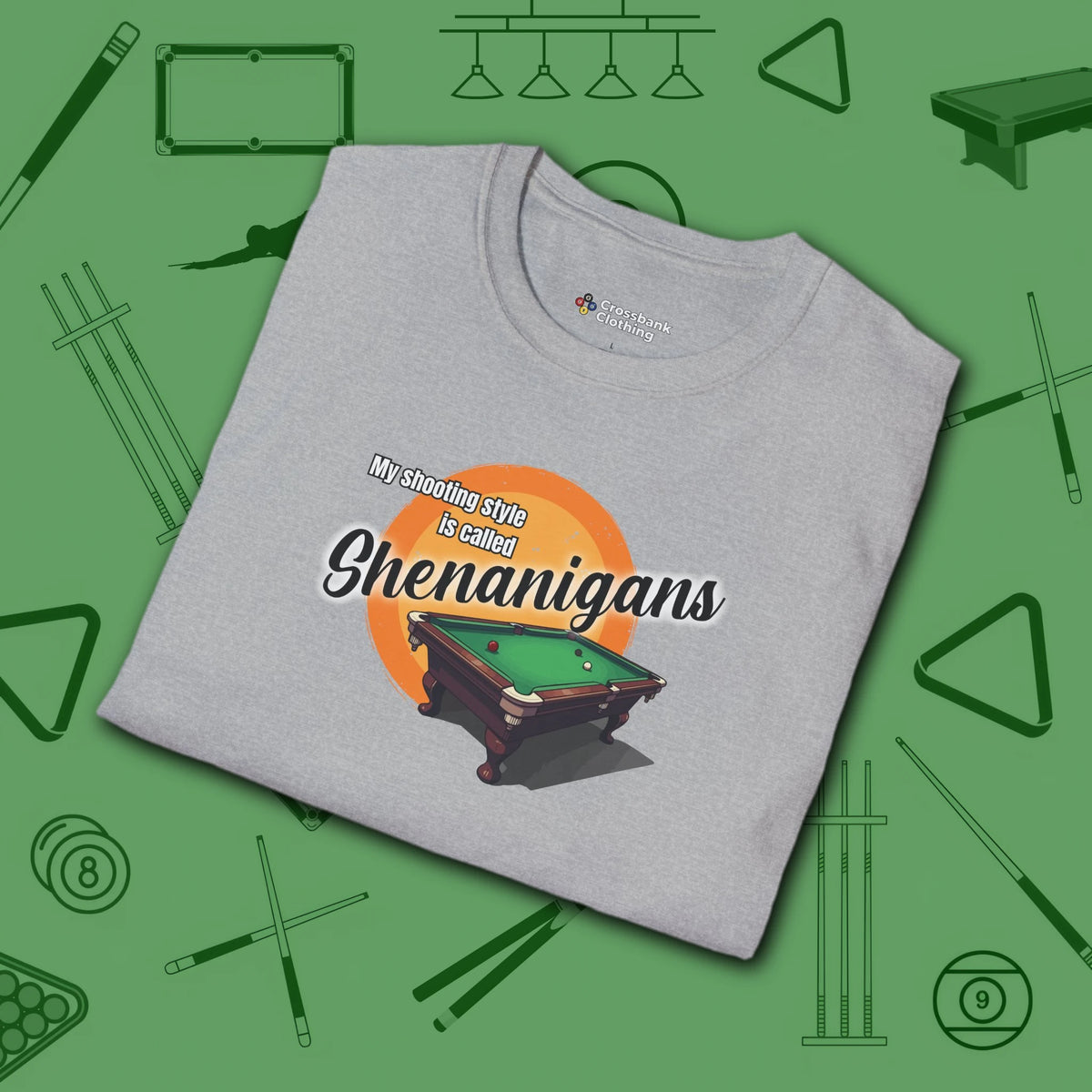 Shenanigans Style Pool T-Shirt, in Sport Grey color, billiards shirt, folded view