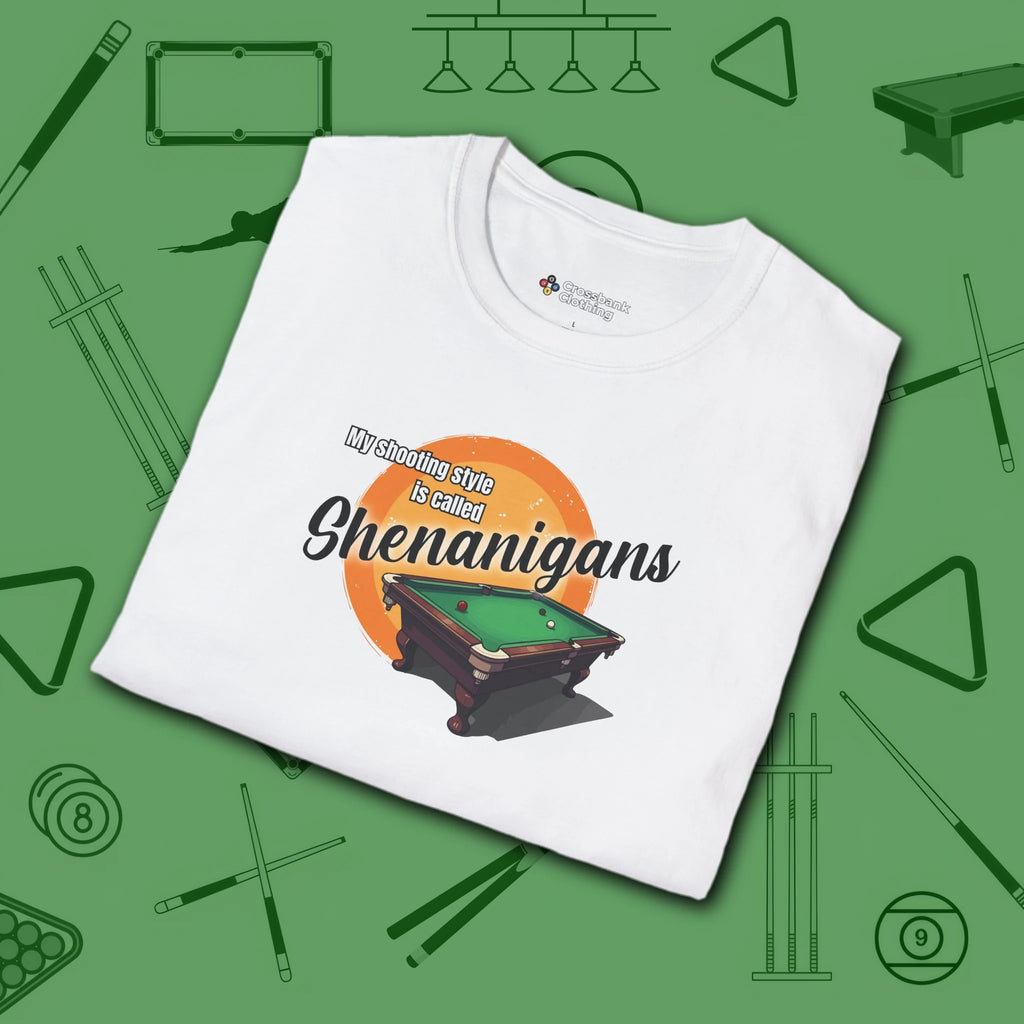 Shenanigans Style Pool T-Shirt, in White color, billiards shirt, folded view