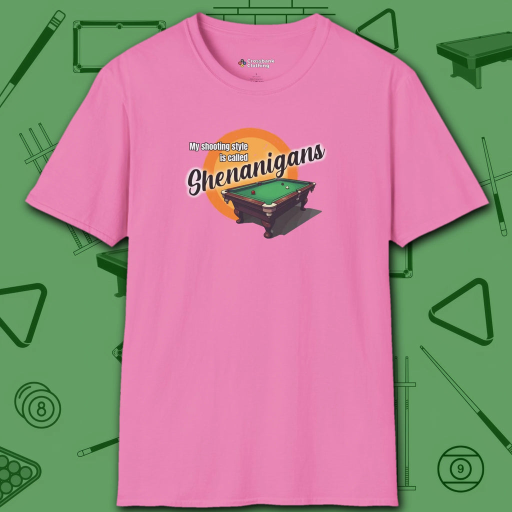 Shenanigans Style Pool T-Shirt, in Azalea color, billiards shirt, front view