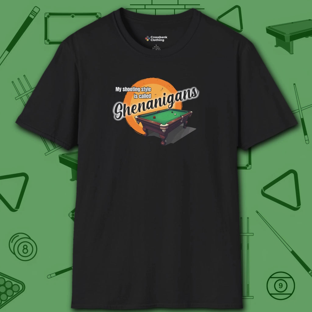 Shenanigans Style Pool T-Shirt, in Black color, billiards shirt, front view