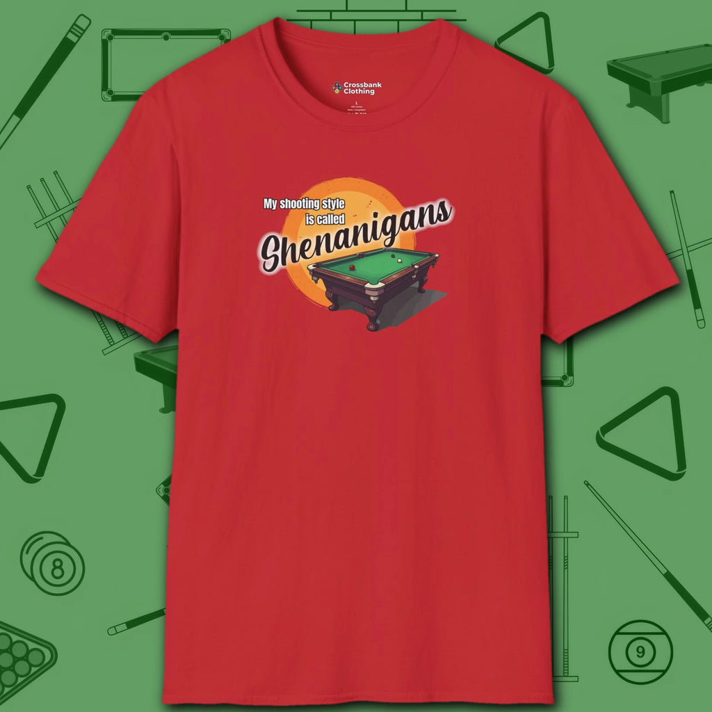 Shenanigans Style Pool T-Shirt, in Red color, billiards shirt, front view