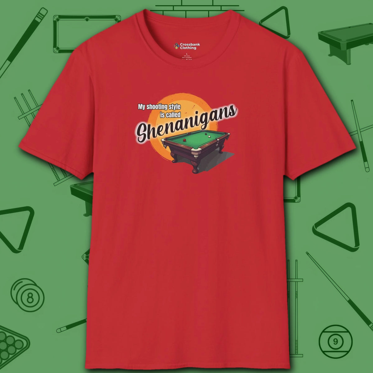 Shenanigans Style Pool T-Shirt, in Red color, billiards shirt, front view