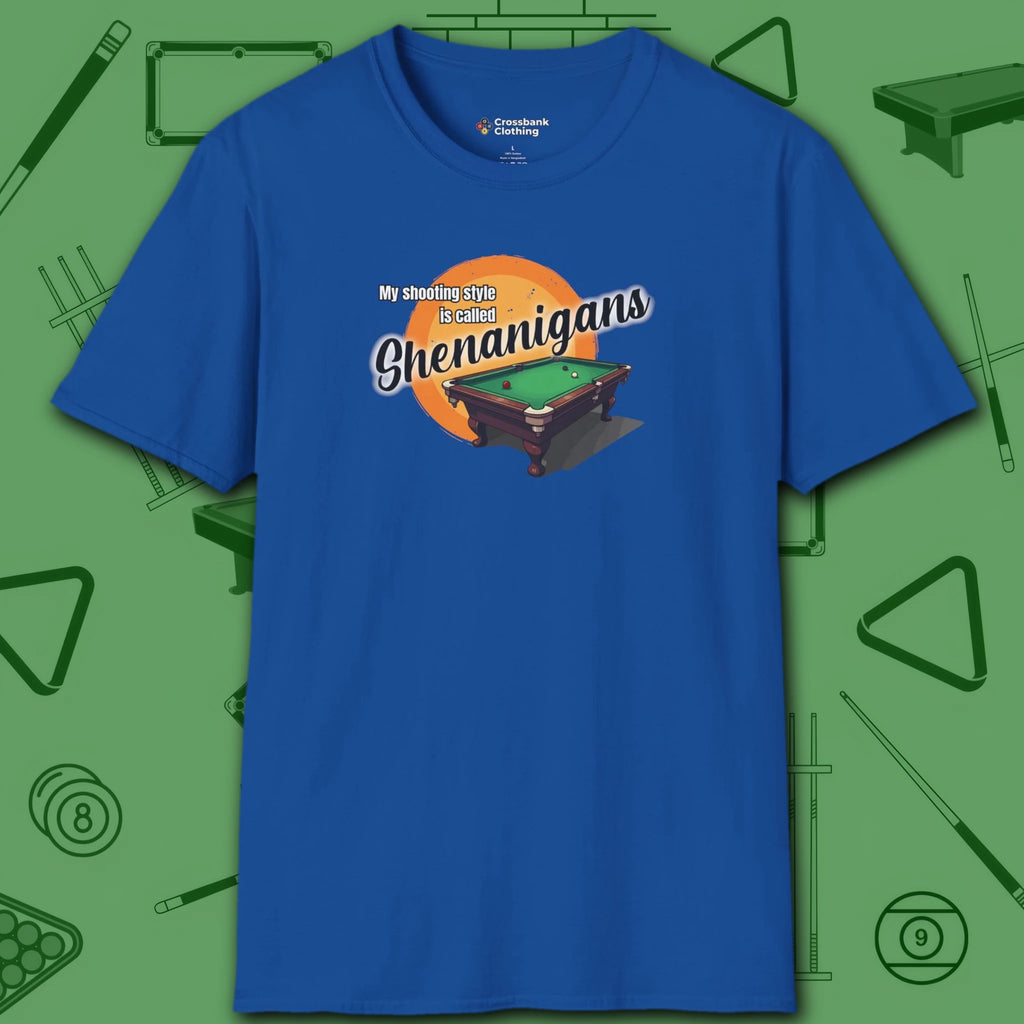 Shenanigans Style Pool T-Shirt, in Royal color, billiards shirt, front view