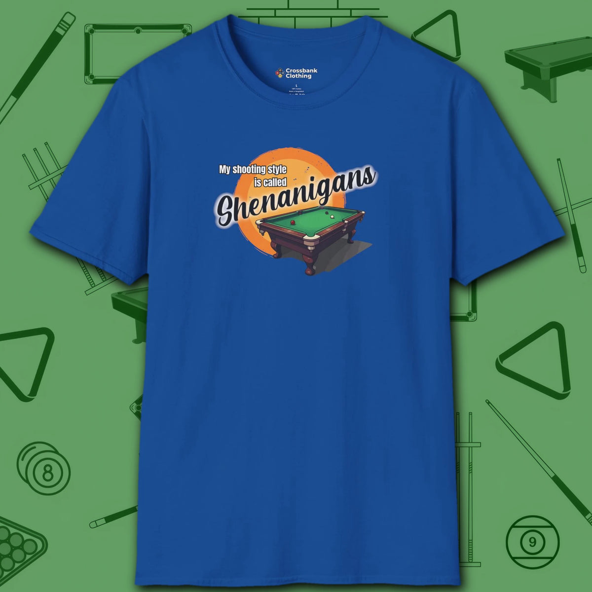Shenanigans Style Pool T-Shirt, in Royal color, billiards shirt, front view