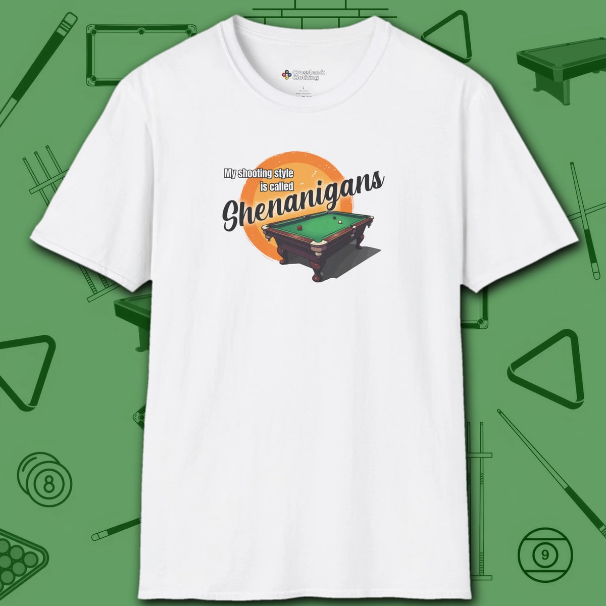 Shenanigans Style Pool T-Shirt, in White color, billiards shirt, front view