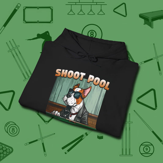 Shoot Get Bitches Hoodie, folded view, in Black style that banks as hard as you do