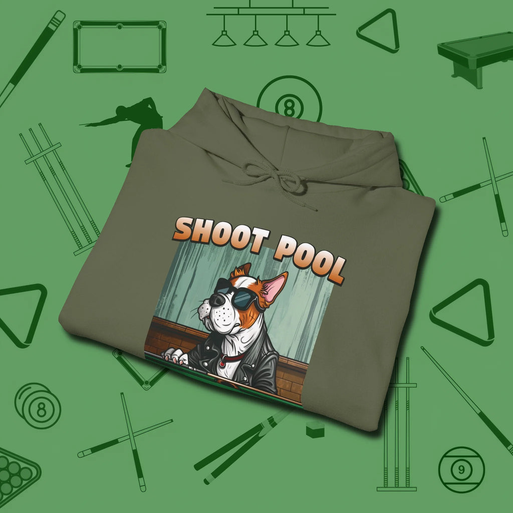 Shoot Get Bitches Hoodie, folded view, in Military Green an extension of your pool persona