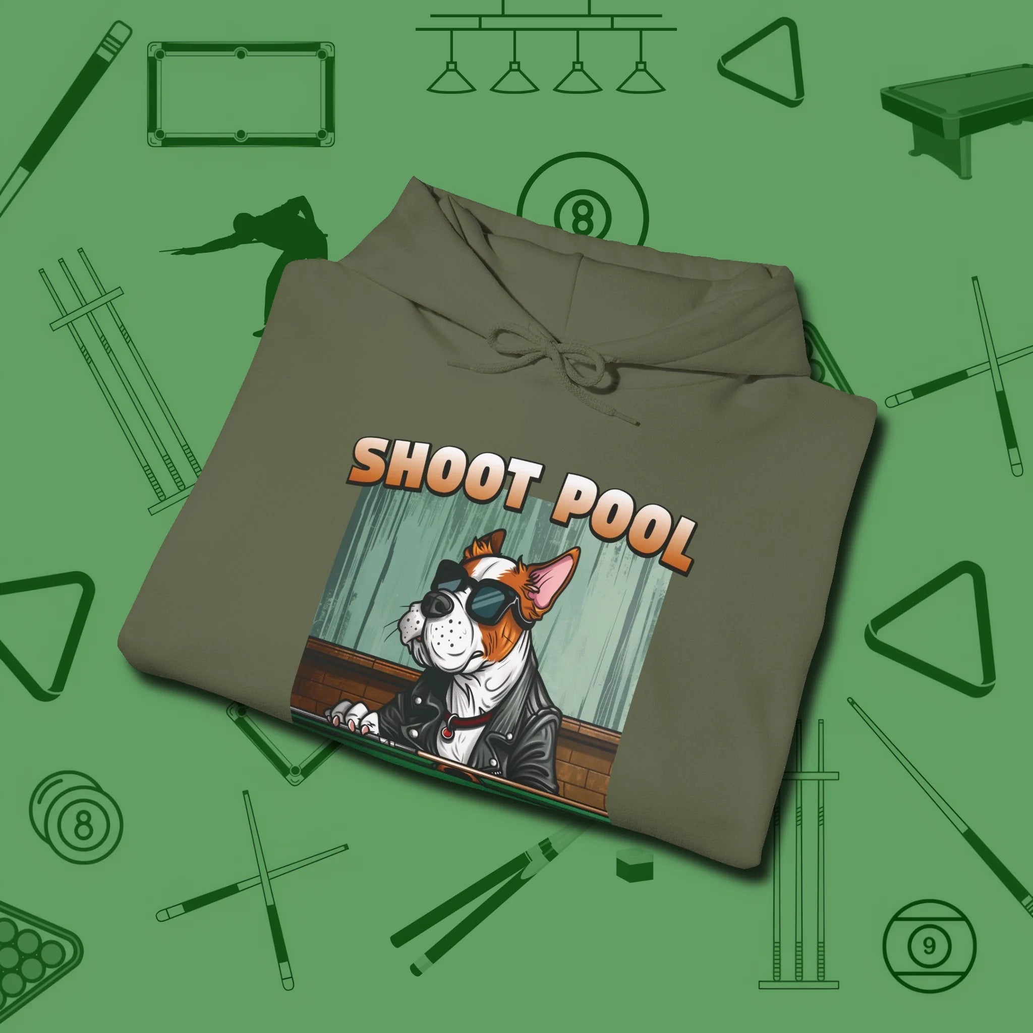 Shoot Get Bitches Hoodie, folded view, in Military Green an extension of your pool persona