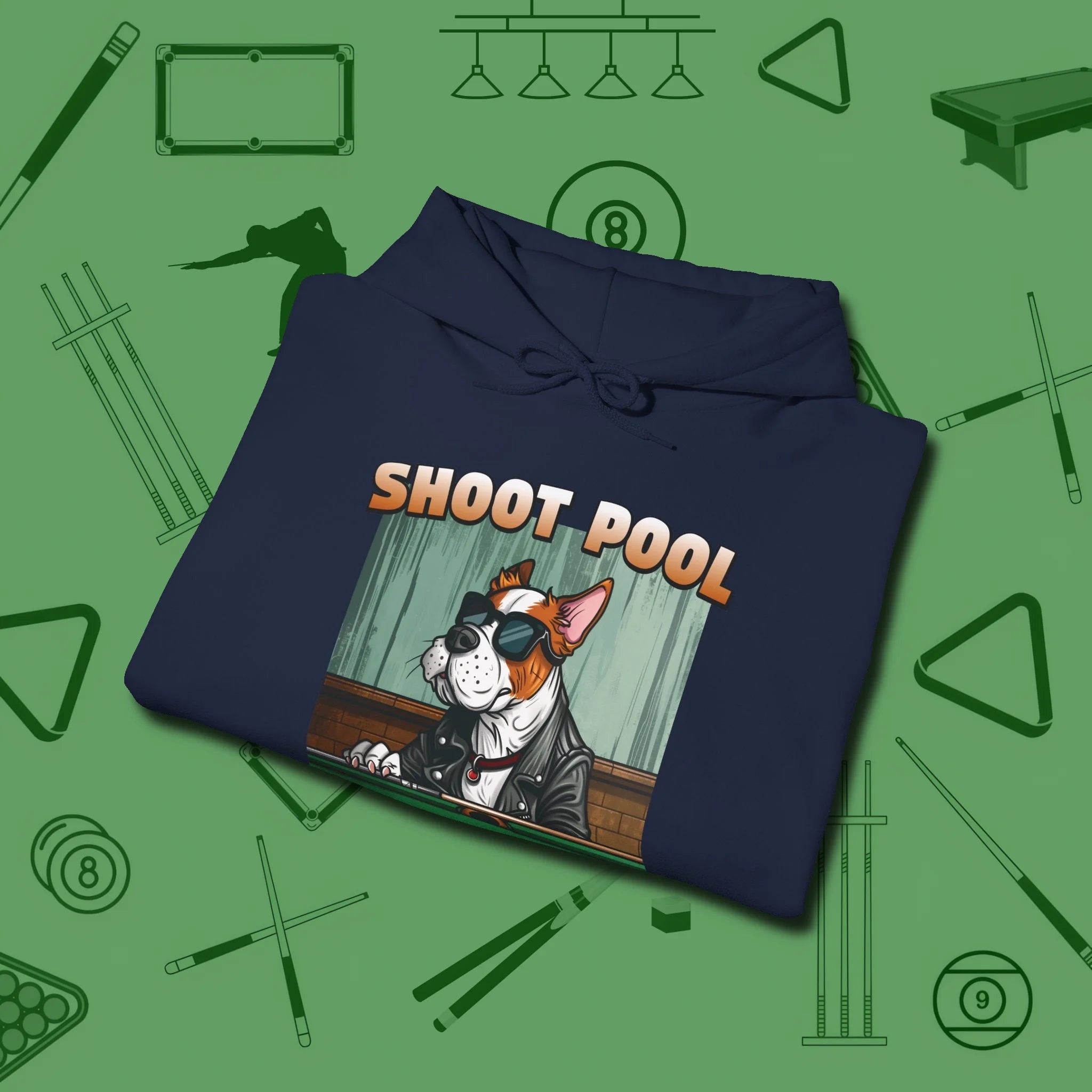 Shoot Get Bitches Hoodie, folded view, in Navy cue sports swagger done right