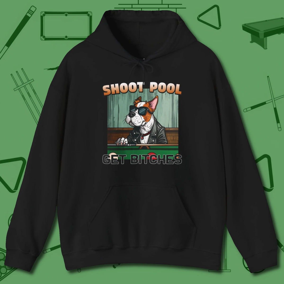 Shoot Get Bitches Hoodie, front view, in Black where style and cue discipline collide