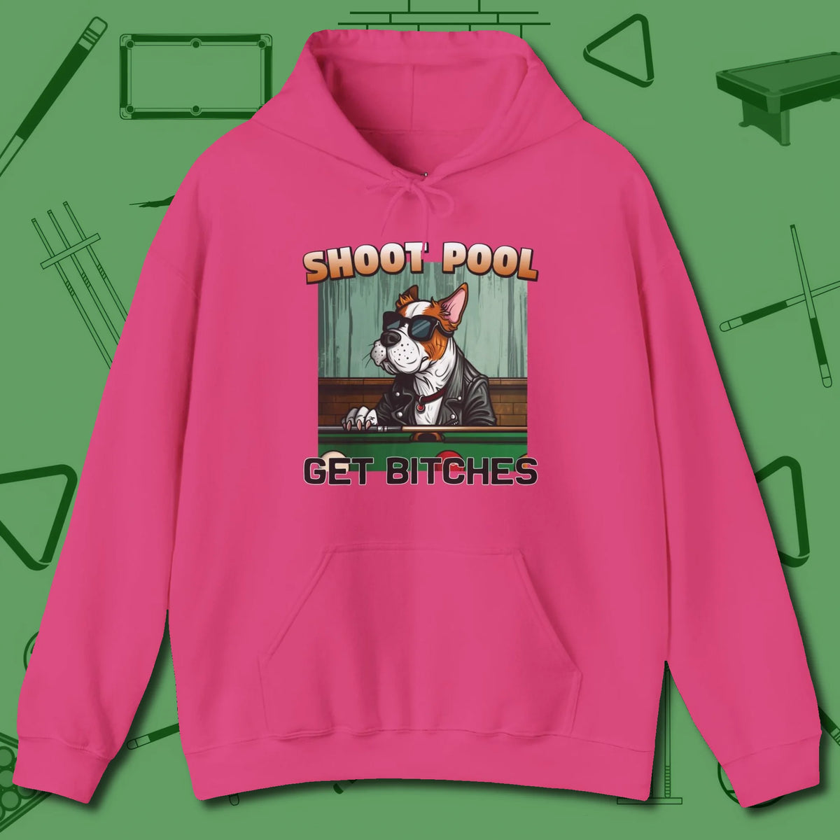 Shoot Get Bitches Hoodie, front view, in Heliconia smart apparel for strategic players