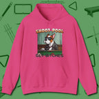 Shoot Get Bitches Hoodie, front view, in Heliconia smart apparel for strategic players