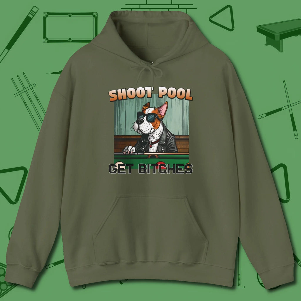 Shoot Get Bitches Hoodie, front view, in Military Green fashion with break-and-run energy