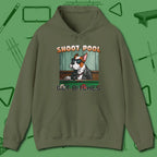 Shoot Get Bitches Hoodie, front view, in Military Green fashion with break-and-run energy