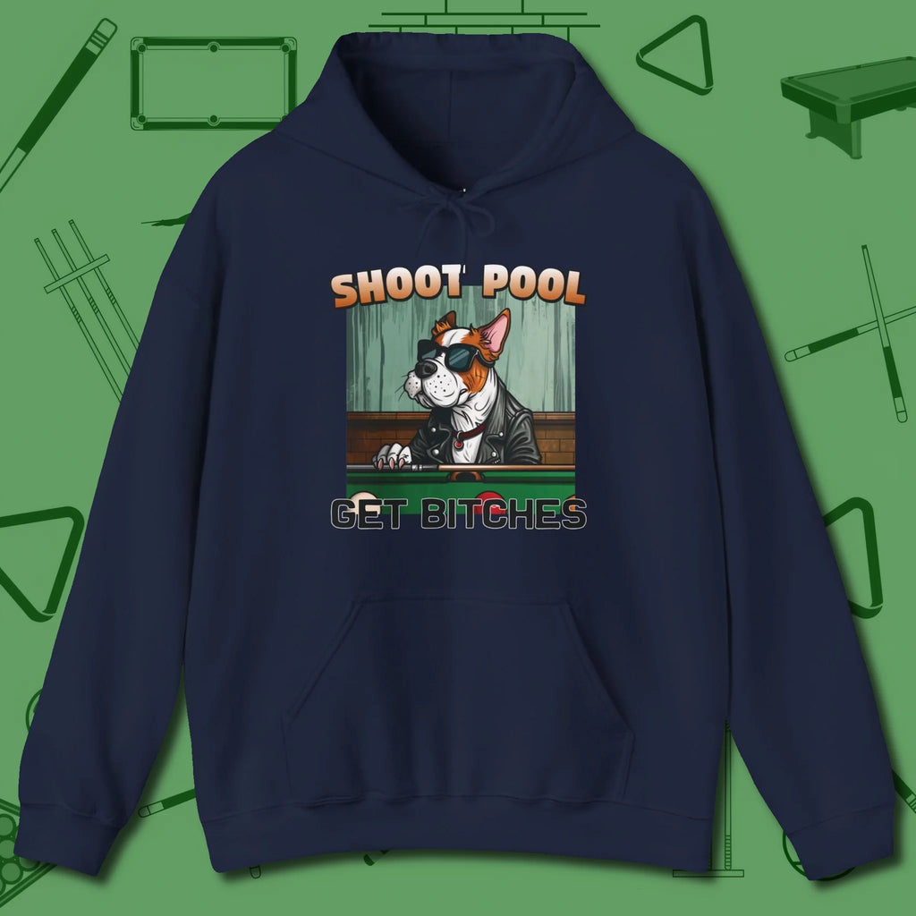 Shoot Get Bitches Hoodie, front view, in Navy stitched for cue discipline and cool confidence