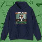 Shoot Get Bitches Hoodie, front view, in Navy stitched for cue discipline and cool confidence