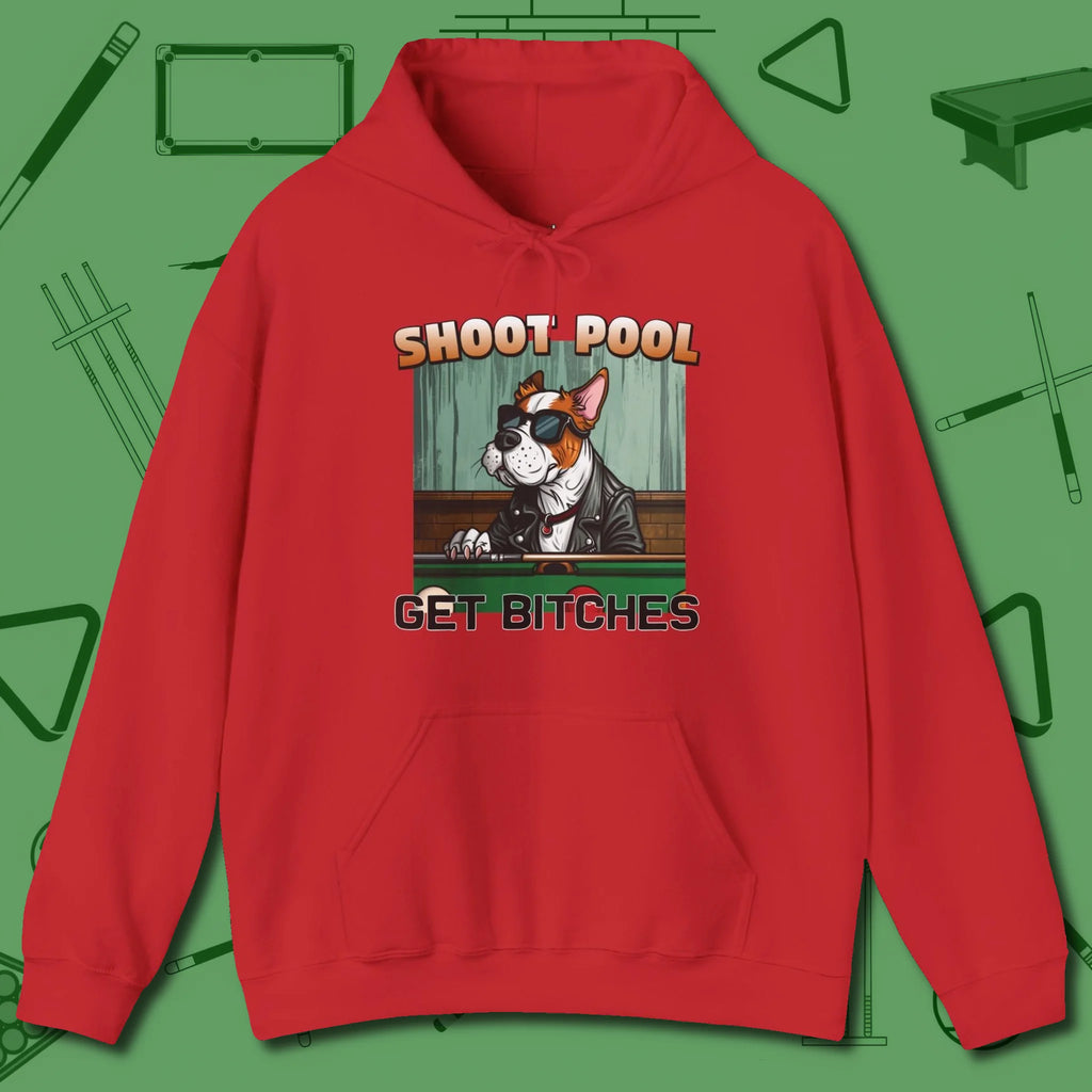 Shoot Get Bitches Hoodie, front view, in Red dress for the shot you want to take