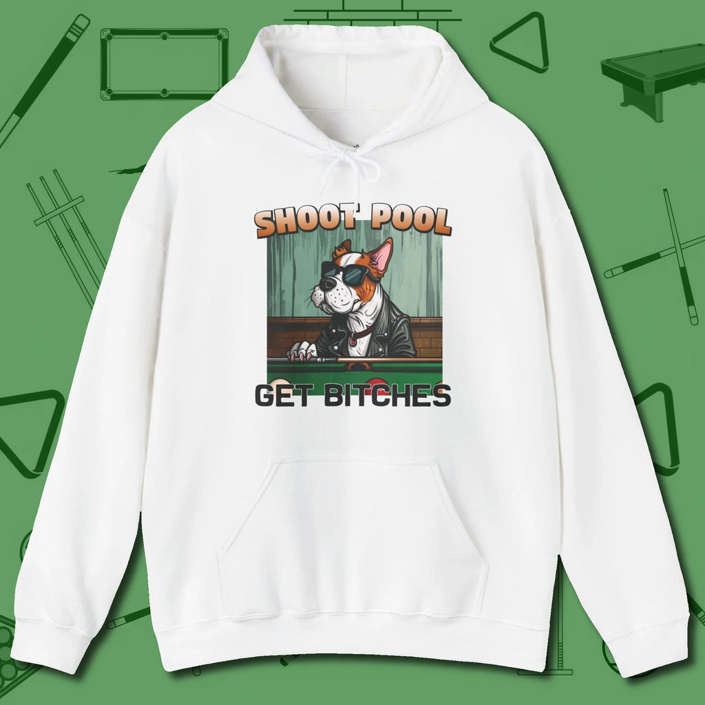 Shoot Get Bitches Hoodie, front view, in White because the table is your battlefield