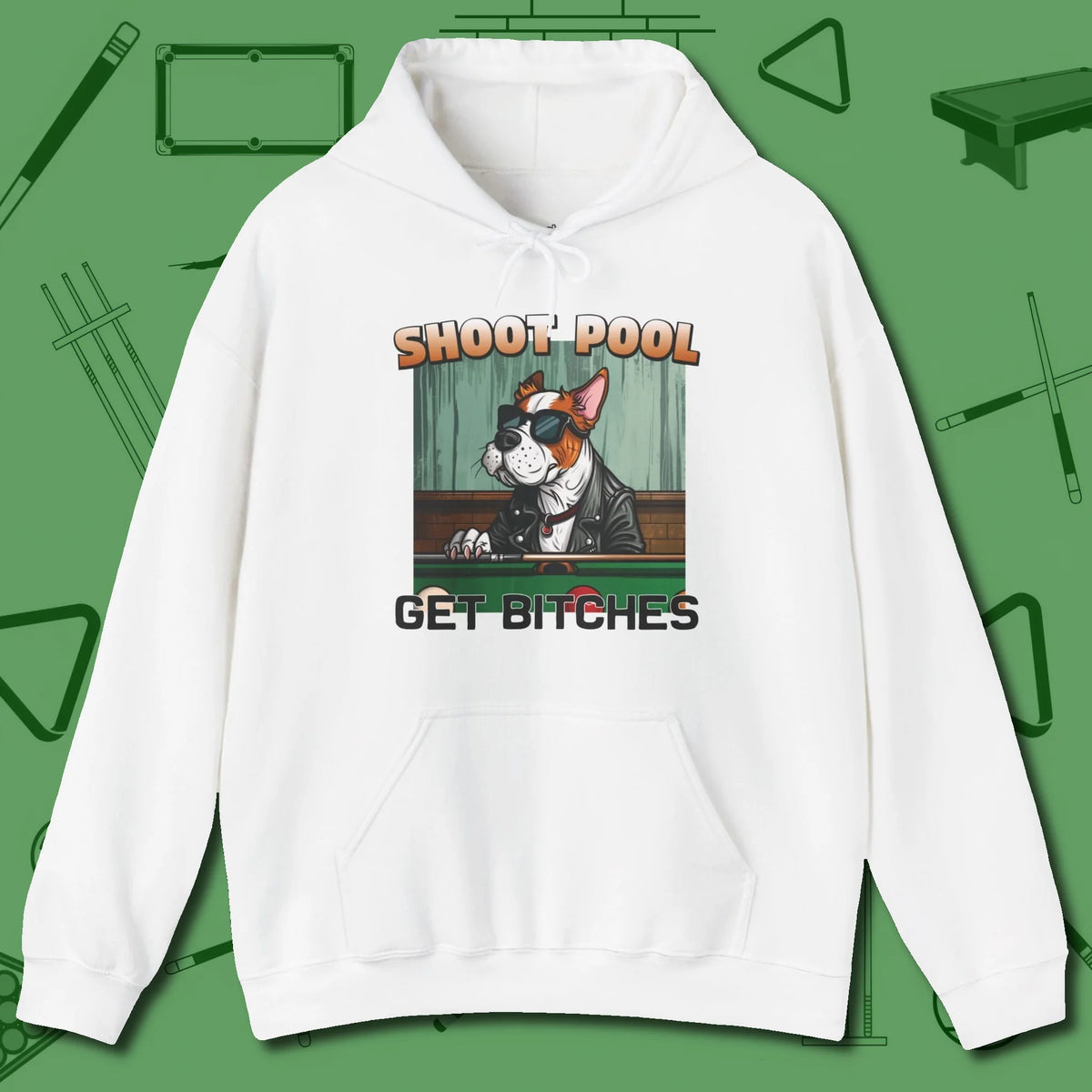 Shoot Get Bitches Hoodie, front view, in White because the table is your battlefield