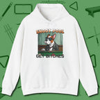 Shoot Get Bitches Hoodie, front view, in White because the table is your battlefield
