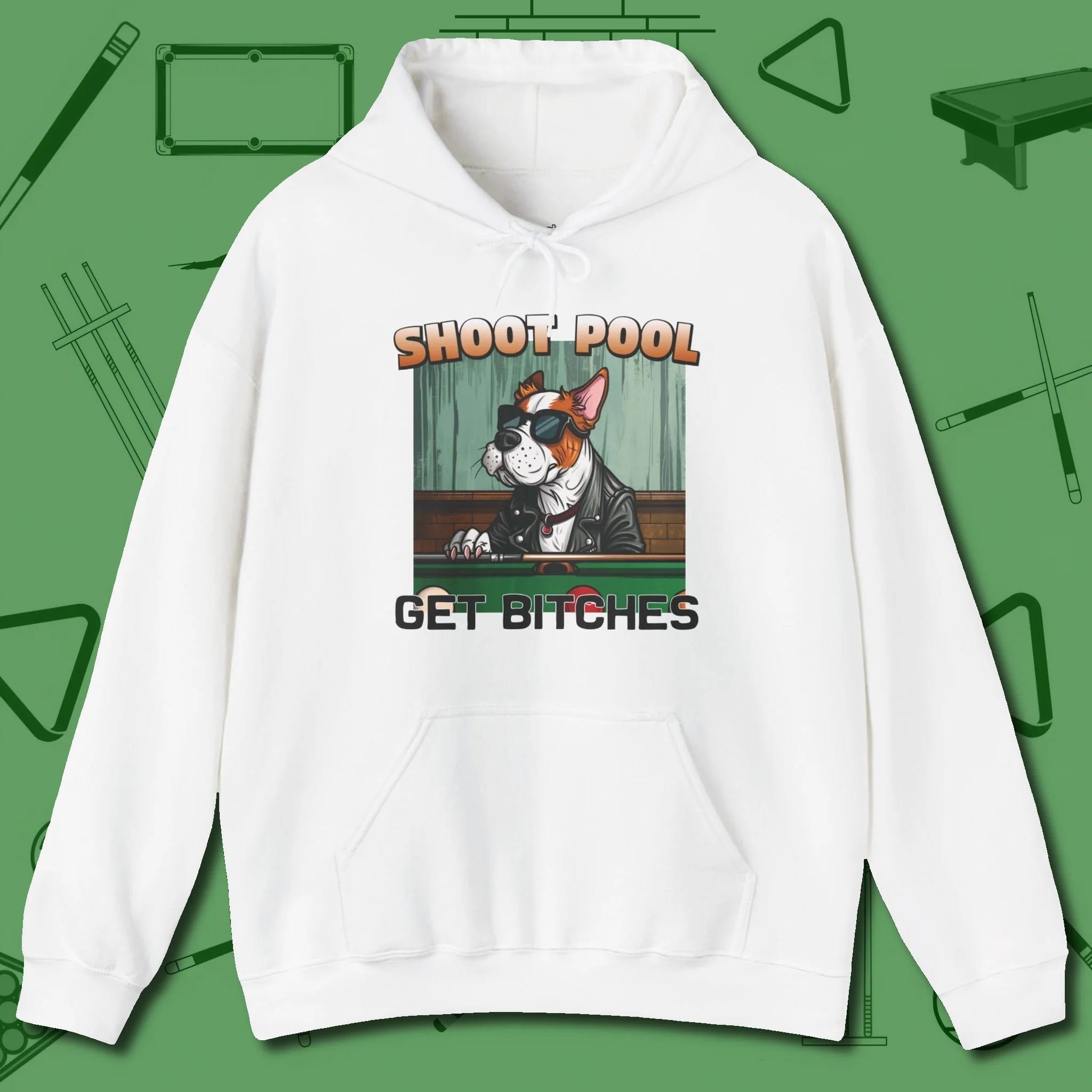 Shoot Get Bitches Hoodie, front view, in White because the table is your battlefield