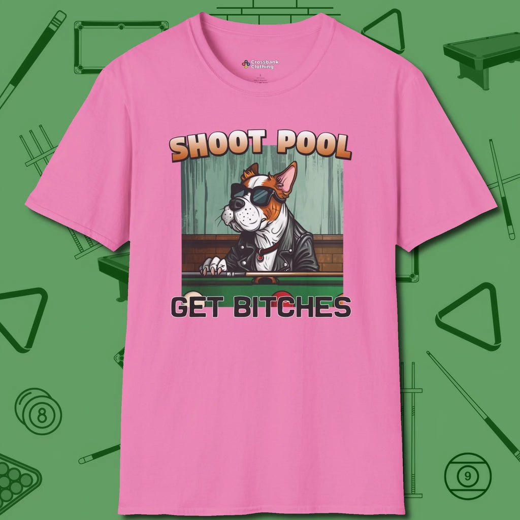 Shoot Get Bitches T-Shirt, front view, in Azalea smart apparel for strategic players