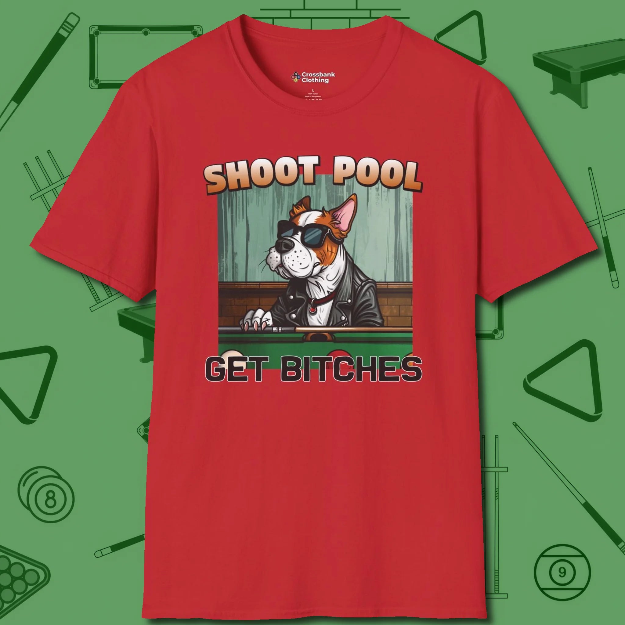 Shoot Get Bitches T-Shirt, front view, in Red designed for dead stroke and deadpan looks