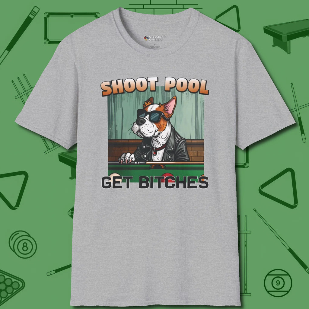 Shoot Get Bitches T-Shirt, front view, in Sport Grey as serious as your stroke