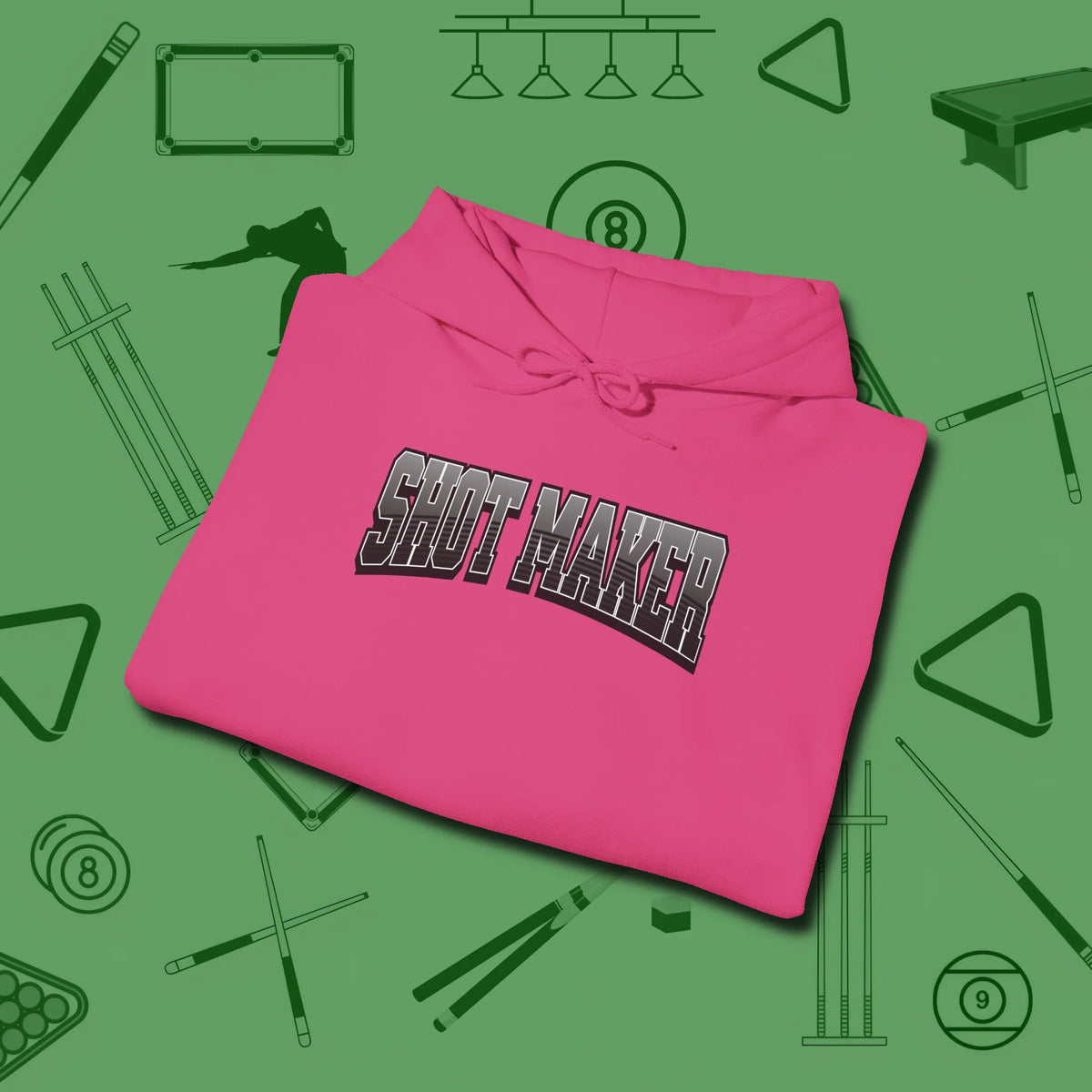 Shot Maker Billiards Hoodie, folded view, in Heliconia strike fear with swagger and precision