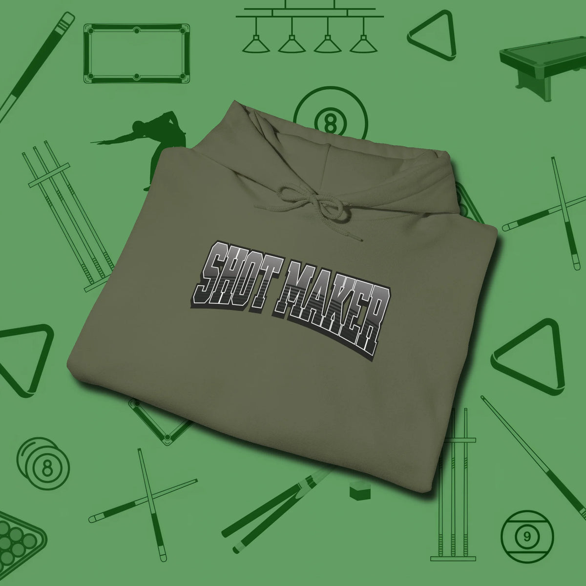 Shot Maker Billiards Hoodie, folded view, in Military Green what champions wear between racks