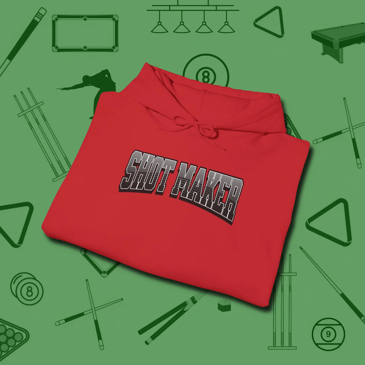Shot Maker Billiards Hoodie, folded view, in Red your secret weapon off the table
