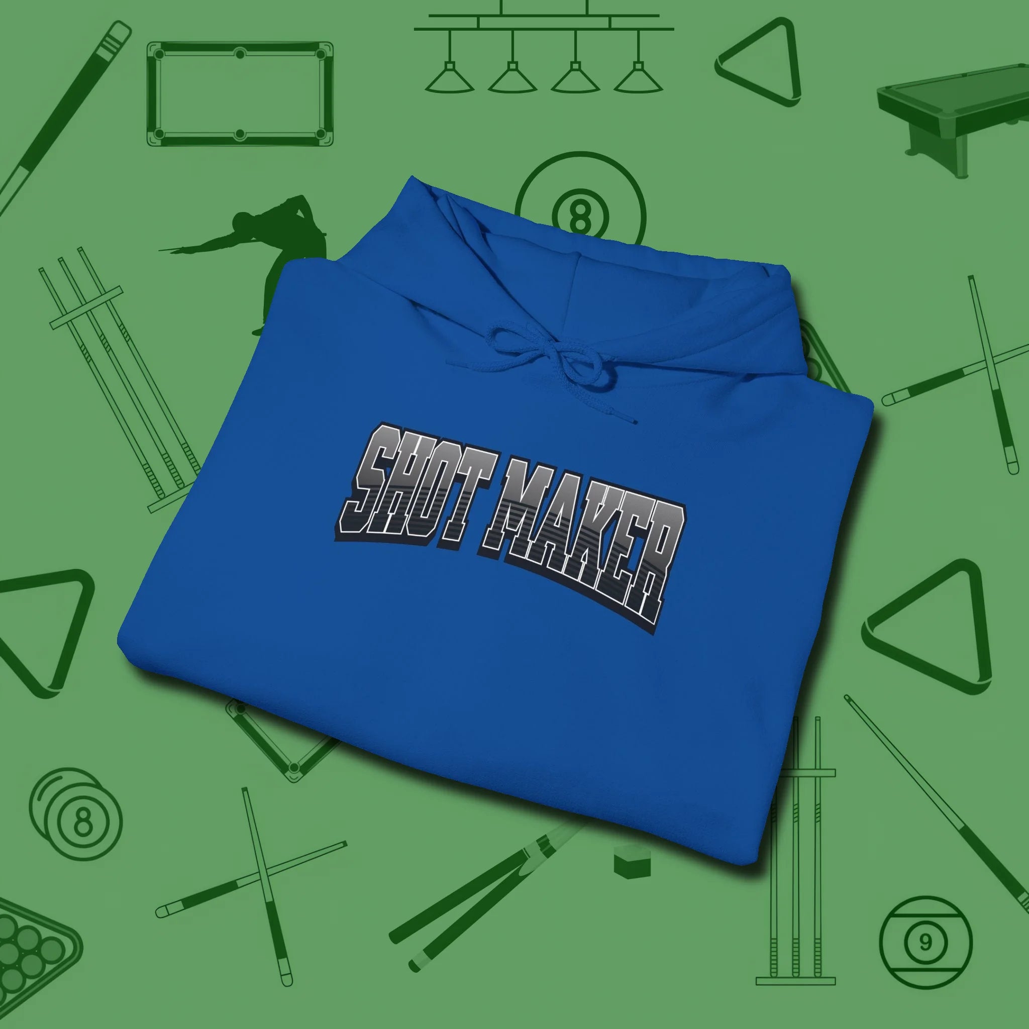 Shot Maker Billiards Hoodie, folded view, in Royal stitched for cue discipline and cool confidence