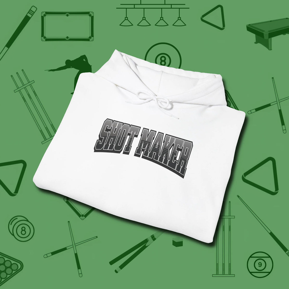 Shot Maker Billiards Hoodie, folded view, in White for hustlers who keep it honest