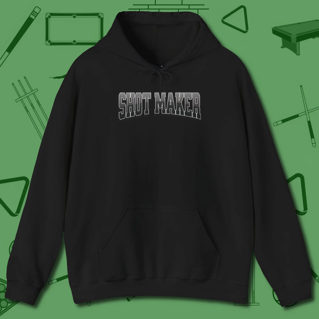 Shot Maker Billiards Hoodie, front view, in Black perfect for players with quiet fire
