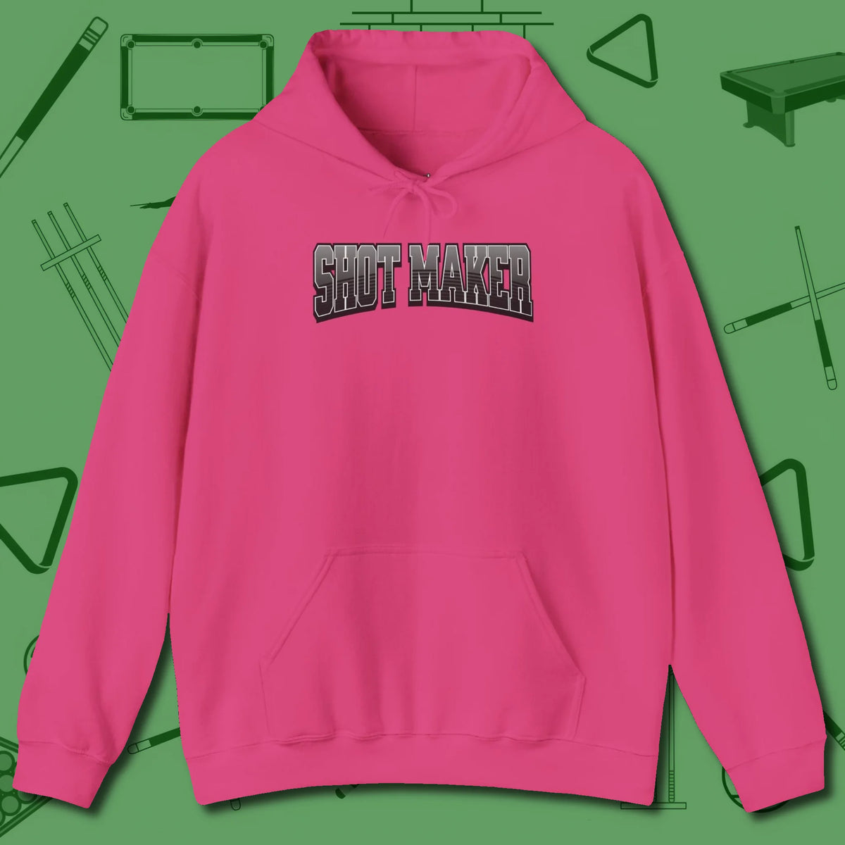 Shot Maker Billiards Hoodie, front view, in Heliconia make every shot — and outfit — count