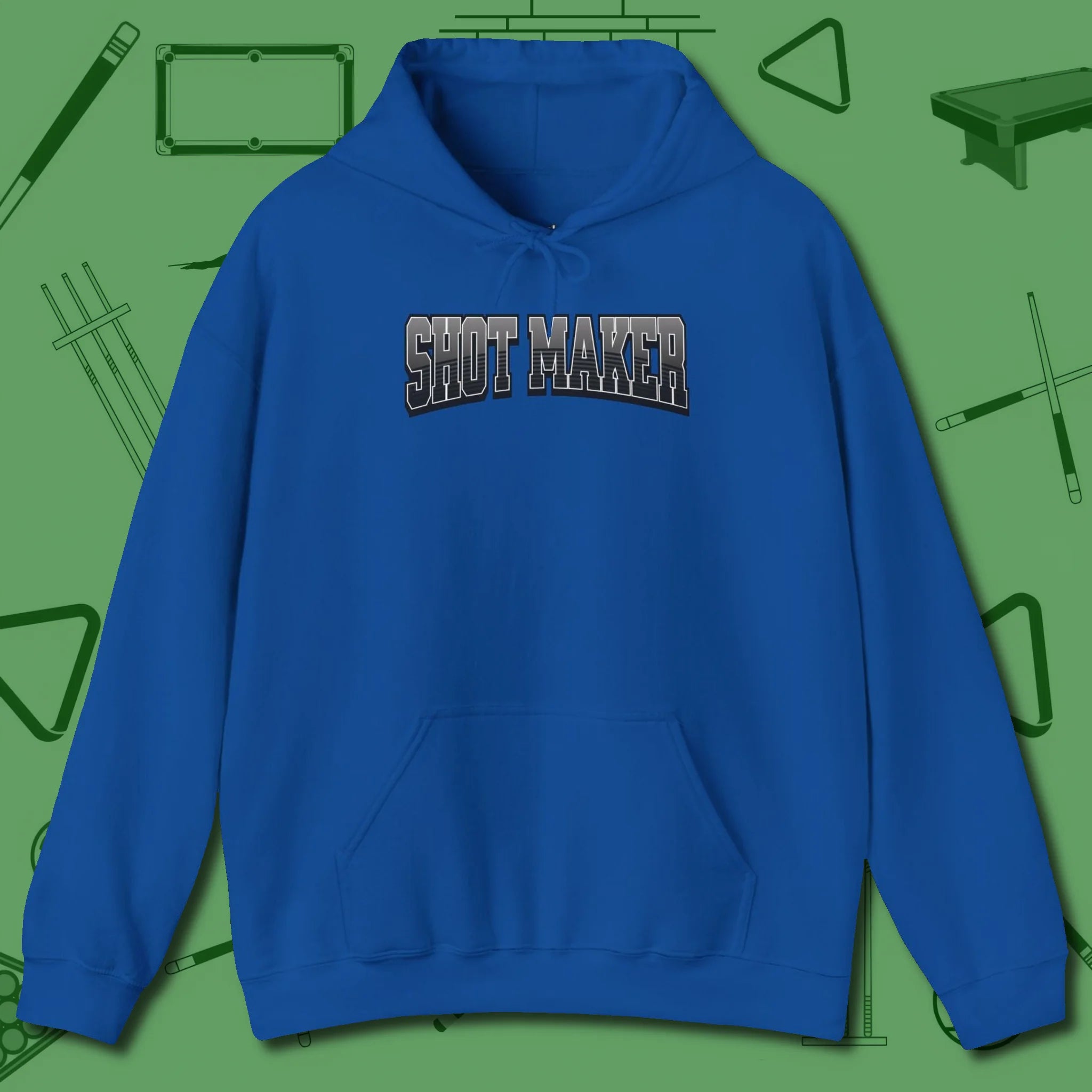 Shot Maker Billiards Hoodie, front view, in Royal from chalk to clutch, look the part