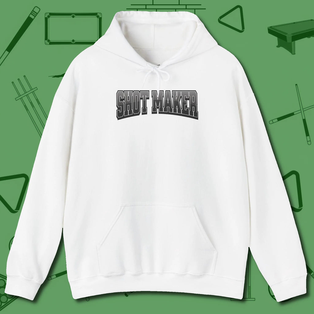 Shot Maker Billiards Hoodie, front view, in White table-tested, street-approved style