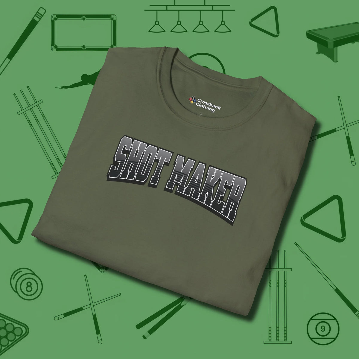 Shot Maker Billiards T-Shirt, folded view, in Military Green precise, confident, always in control
