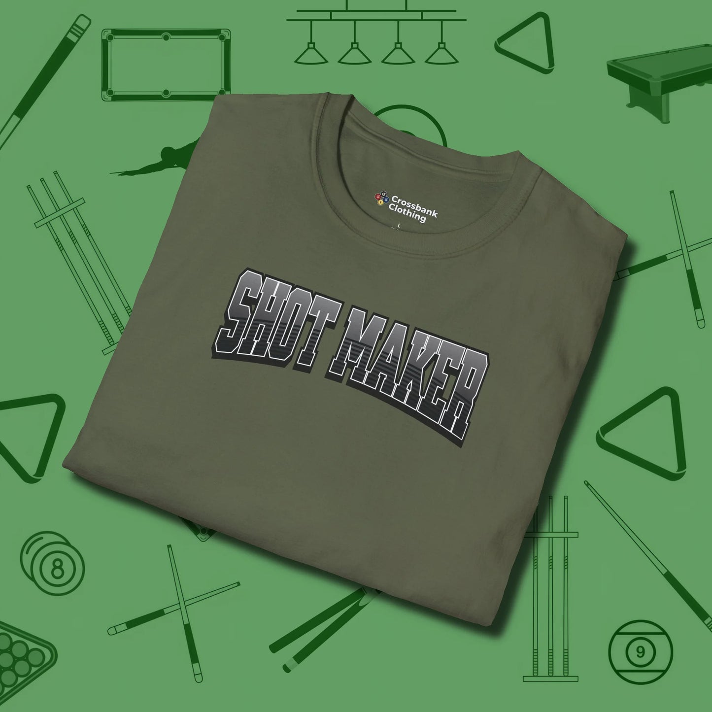 Shot Maker Billiards T-Shirt, folded view, in Military Green precise, confident, always in control